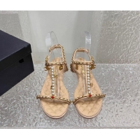 Classic Hot Chanel Lambskin Flat Sandals with Pearls and Chain Beige 325076