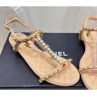 Classic Hot Chanel Lambskin Flat Sandals with Pearls and Chain Beige 325076