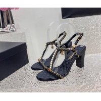 Good Quality Chanel Lambskin Heel Sandals 8cm with Pearls and Chain Black 325077