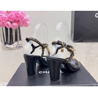 Good Quality Chanel Lambskin Heel Sandals 8cm with Pearls and Chain Black 325077