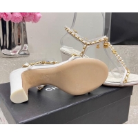 Luxury Chanel Lambskin Heel Sandals 8cm with Pearls and Chain White 325078