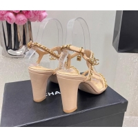 Pretty Style Chanel Lambskin Heel Sandals 8cm with Pearls and Chain Beige 325079