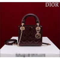 Low Price Dior Mini Lady Dior Bag in Patent Cannage Leather M0505 Burgundy 2024