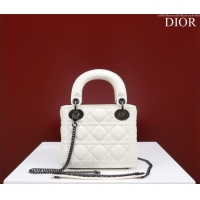 Shop Fashion Dior Mini Lady Dior Bag in Cannage Lambskin M0505 White/Gunmetal 2024