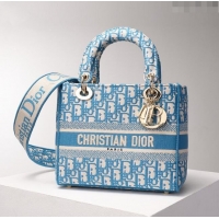 New Fashion Dior Medium Lady D-Lite Bag in Oblique Embroidery CD2801 Blue 2024