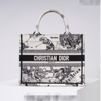 Top Grade Dior Large Book Tote Bag in Toile de Jouy Zodiac Embroidery CD2063 White and Black 2024