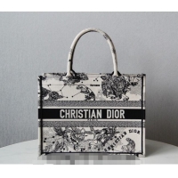 Top Quality Dior Small Book Tote Bag in Toile de Jouy Zodiac Embroidery CD2063 White and Black 2024