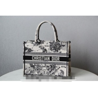 Top Quality Dior Small Book Tote Bag in Toile de Jouy Zodiac Embroidery CD2063 White and Black 2024