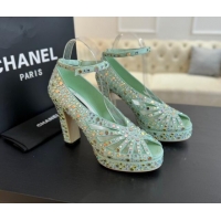 Good Quality Chanel Strass & Suede Sandals with Heel 11cm G45455 Green 042202