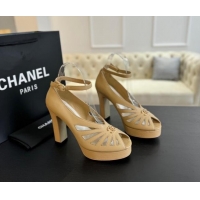 Top Design Chanel Lambskin Sandals with Heel 11cm G45455 Beige 042204