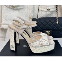 Purchase Chanel Suede and Lace Platform Sandals with 12cm Heel Beige 042207