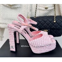 Stylish Chanel Tweed Platform Sandals with 12cm Heel Pink 042211