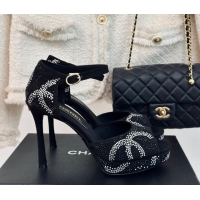 Sumptuous Chanel Suede & Crystal High Heel Sandals 10.5cm Black 042217