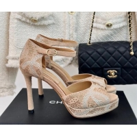 1:1 aaaaa Chanel Suede & Crystal High Heel Sandals 10.5cm Beige 042218