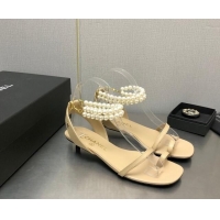 Trendy Design Chanel Lambskin Heel Sandals with Pearls Ankle Strap Beige 423002