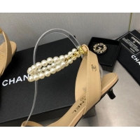 Trendy Design Chanel Lambskin Heel Sandals with Pearls Ankle Strap Beige 423002