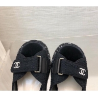 Charming Chanel Tweed Wedge Sandals with Crystals and Letters Black 0423004