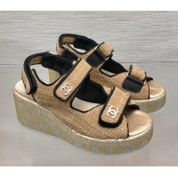 Stylish Chanel Tweed Wedge Sandals with Crystals and Letters Beige 0423006