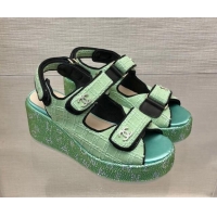 Sophisticated Chanel Tweed Wedge Sandals with Crystals and Letters Green 0423008