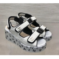 Best Price Chanel Tweed Wedge Sandals with Crystals and Letters White 423009