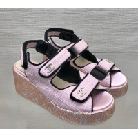 Pretty Style Chanel Tweed Wedge Sandals with Crystals and Letters Pink 423010