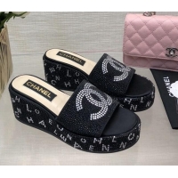 Top Grade Chanel Crystals Allover Wedge Slide Sandals with Letters Black 423011