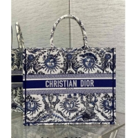 Big Discount Dior Large Book Tote Bag Bag in Toile de Jouy Soleil Embroidery CD5086 White/Blue 2024