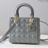 Top Grade Dior Medium Lady Dior Bag in Cannage Lambskin 44532 Grey/Gold 2024