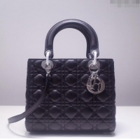 Discount Dior Medium Lady Dior Bag in Cannage Lambskin 44532 Black/Silver 2024