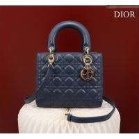 New Design Dior Medium Lady Dior Bag in Cannage Lambskin 44532 Navy Blue/Gold 2024