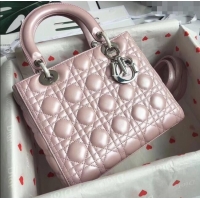 Good Quality Dior Medium Lady Dior Bag in Cannage Lambskin 44532 Pearl Pink/Silver 2024