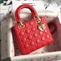 Shop Best Dior Medium Lady Dior Bag in Cannage Lambskin 44532 Red/Gold 2024