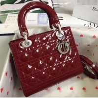 Market Sells Dior Medium Lady Dior Bag in Cannage Patent Leather 44532 Burgundy/Silver 2024