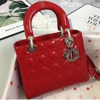 Good Taste Dior Medium Lady Dior Bag in Cannage Patent Leather 44532 Red/Silver 2024