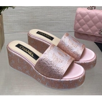 Sophisticated Chanel Crystals Allover Wedge Slide Sandals with Letters Pink 0423013