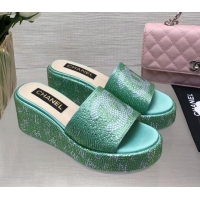 Duplicate Chanel Crystals Allover Wedge Slide Sandals with Letters Green 0423014