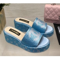 Charming Chanel Crystals Allover Wedge Slide Sandals with Letters Blue 0423015