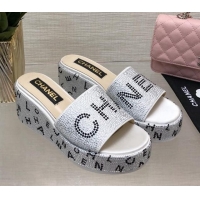 Stylish Chanel Crystals Allover Wedge Slide Sandals with Letters Silver 0423016