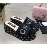 Best Grade Chanel Crystals Allover Wedge Slide Sandals with Letters Black 423017