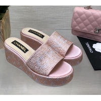 Stylish Chanel Crystals Allover Wedge Slide Sandals with Letters Pink 423018