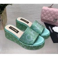 Classic Hot Chanel Crystals Allover Wedge Slide Sandals with Letters Green 423019