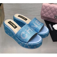 Hot Style Chanel Crystals Allover Wedge Slide Sandals with Letters Blue 423020