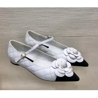 Perfect Chanel Quilted Lambskin Mary Janes Ballet Flat with Camellia White 423022