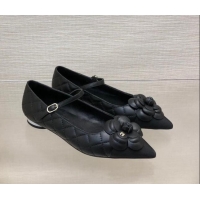 Grade Quality Chanel Quilted Lambskin Mary Janes Ballet Flat with Camellia Black 423023