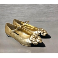 Famous Chanel Quilted Lambskin Mary Janes Ballet Flat with Camellia Gold 0423024