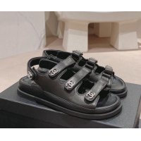 Popular Style Chanel Lambskin Flat Sandals with Triple Straps and Crystals CC Black 0423026