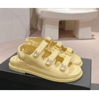 Good Product Chanel Lambskin Flat Sandals with Triple Straps and Crystals CC Yellow 0423027