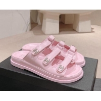 Top Design Chanel Lambskin Flat Slide Sandals with Triple Straps and Crystals CC Pink 0423030