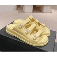 Big Discount Chanel Lambskin Flat Slide Sandals with Triple Straps and Crystals CC Yellow 423034