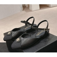 Popular Style Chanel Lambskin Flat Slingback Flat with Crystals Bloom Black 423038